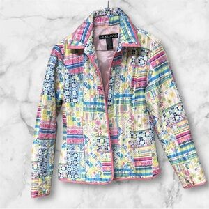 SilkLand Pink and Blue Puffer Jacket with Quilted Design Pastel Silk Floral S